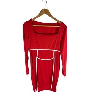 Red Long Sleeve Square Neck Dress with White‎ Trim Accent Small
